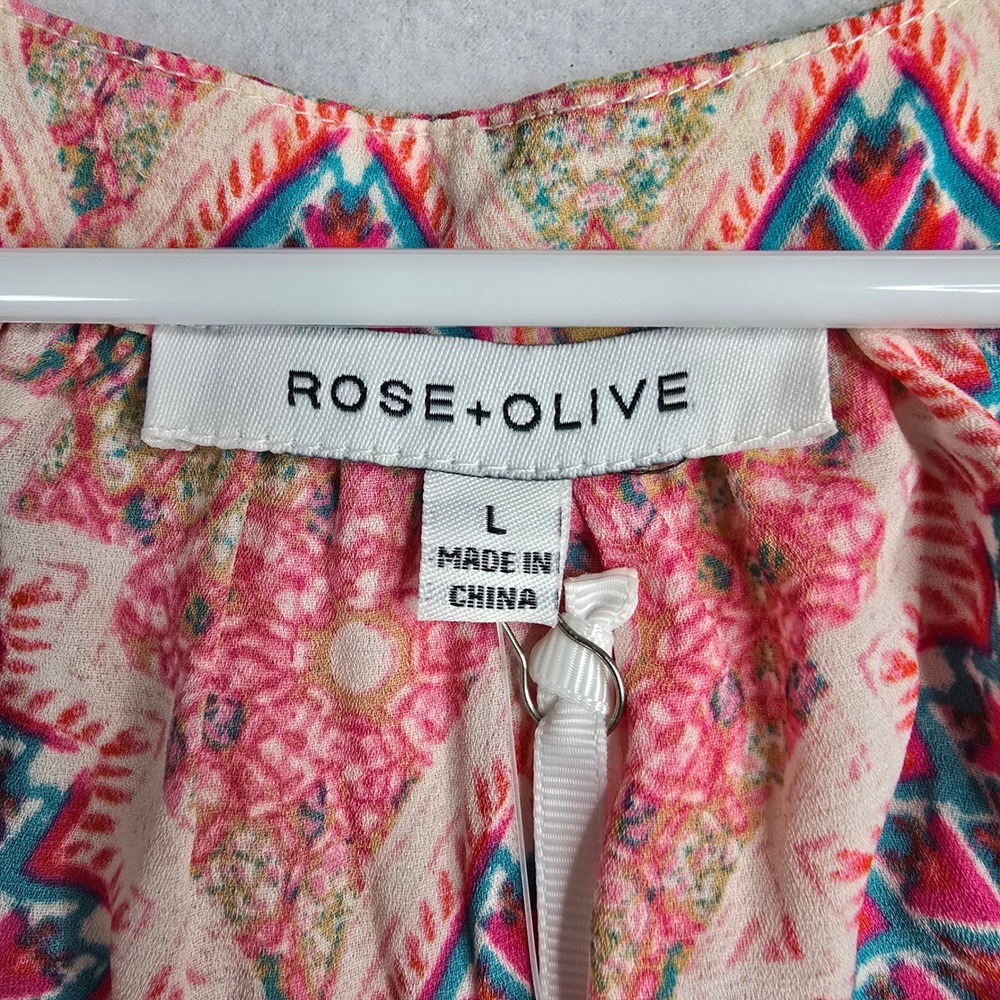 Rose Olive Boho Tribal Print Halter Neck Smocked Waist Tassel Top Womens L boho‎ - Picture 6 of 10